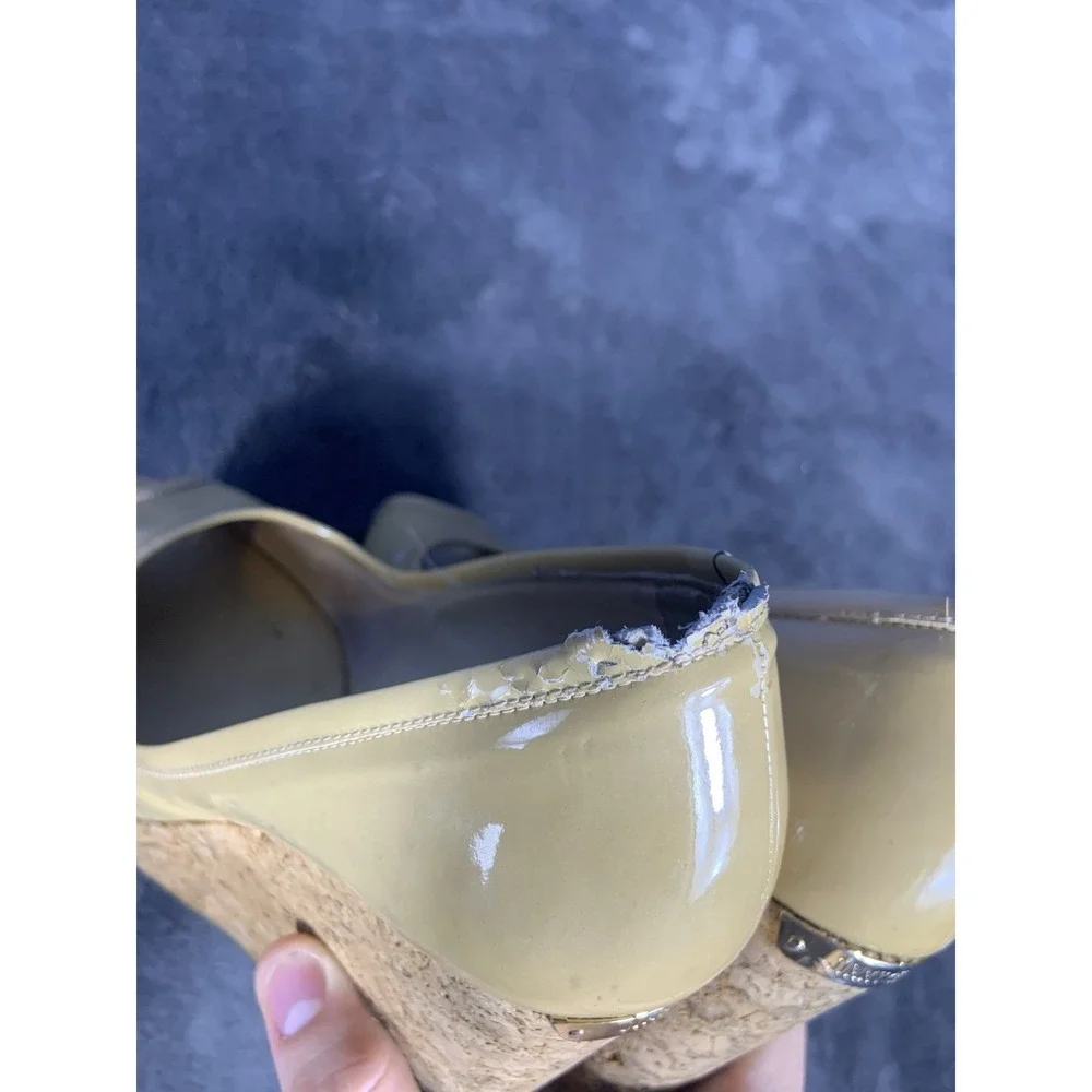 Jimmy Choo Size 37 1/2 Natural Papina Patent Leather and Cork Wedges $450